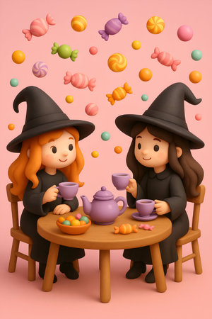 3d illustration of kids in witch halloween costume drinking teaの素材