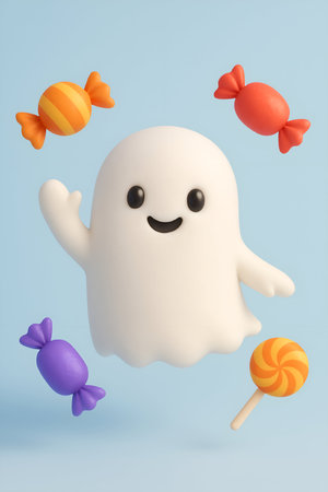 Halloween ghost with candies on blue background. 3d renderingの素材