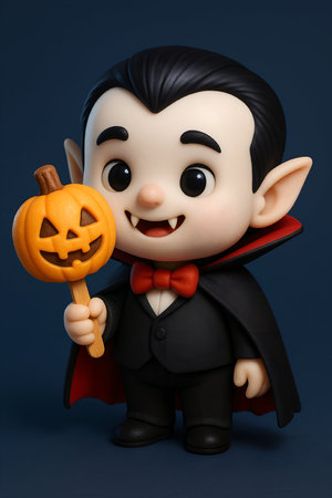 3d illustration of a vampire holding a Halloween pumpkin.の素材