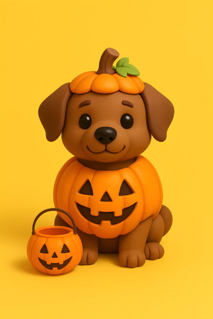 3d render of cute dog with Halloween pumpkin on yellow backgroundの素材