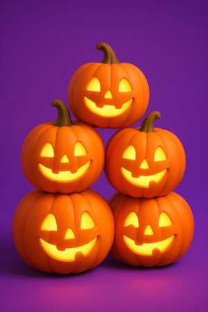 Halloween pumpkins on purple background, 3d render illustration.の素材