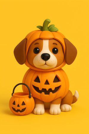 3d rendering of cute dog with Halloween pumpkin on yellow backgroundの素材