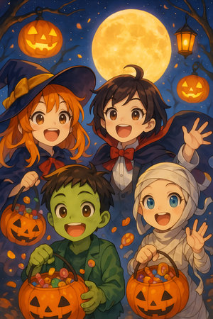 Halloween background with kids in costumes and pumpkins - illustration for childrenの素材