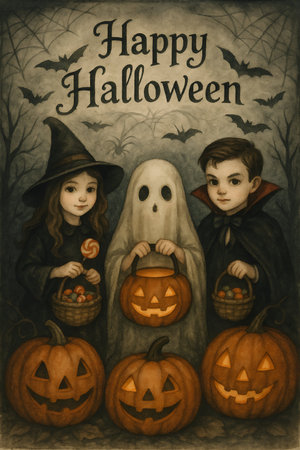Halloween card with children in costumes of witch and pumpkin on grunge backgroundの素材