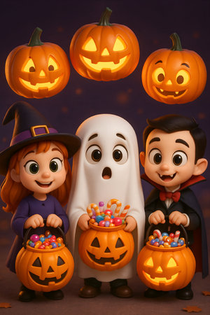 Halloween theme: group of kids in costumes with pumpkins and candiesの素材