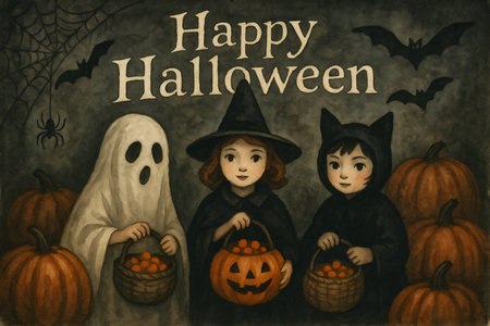 Halloween background with cute children in costumes of witch, pumpkin, ghost and batの素材