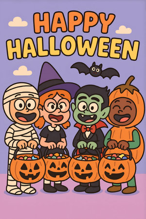 Vector illustration of a group of children in Halloween costumes holding pumpkins.の素材