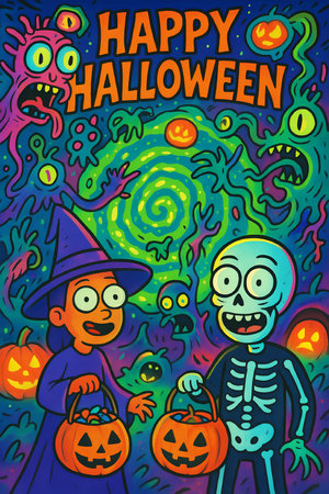 Halloween doodles. Hand drawn vector illustration. Colorful backgroundの素材