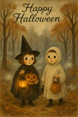 Happy Halloween greeting card with cute little boy and girl in witch costume.の素材