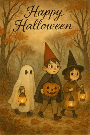 Halloween background with children in costumes of witch, ghost and pumpkinの素材