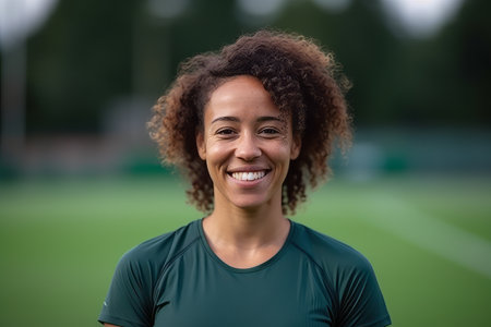 Portrait of happy african american female athlete smiling at cameraの素材