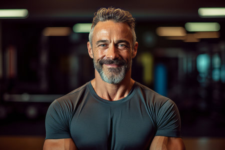 Portrait of a handsome mature man smiling at camera in a gymの素材