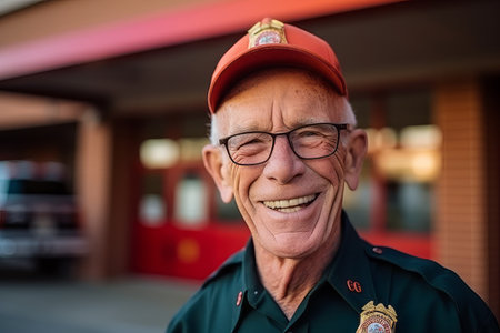 Portrait of a smiling senior fireman standing in the fire stationの素材