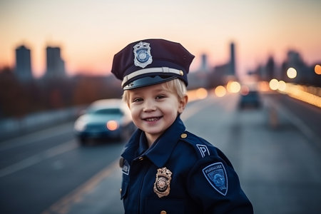 Portrait of a cute little boy in police uniform on the bridgeの素材