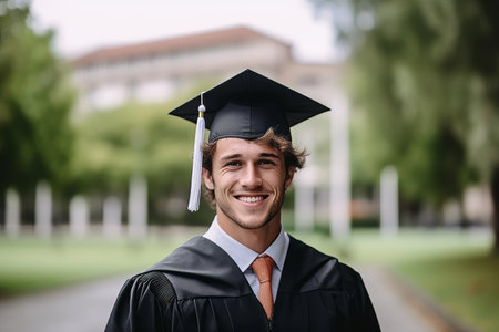 Portrait of a smiling male graduate in cap and gown standing outdoorsの素材