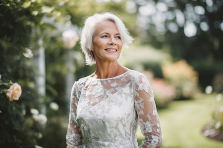 Portrait of a smiling senior woman in a wedding dress in the gardenの素材