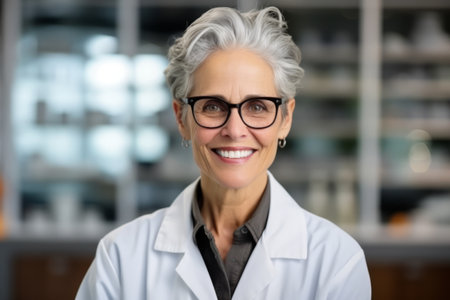 Portrait of smiling senior female doctor in medical office. Mature female doctor looking at camera. Medicine and healthcare conceptの素材