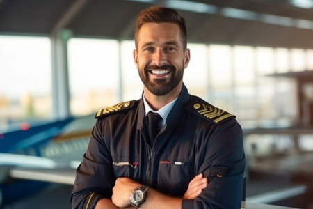 Portrait of confident pilot standing with arms crossed in airport terminal. Smiling pilot looking at camera.の素材