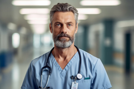 Portrait of mature doctor with stethoscope in hospital corridor.の素材
