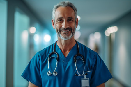 Portrait of smiling doctor with stethoscope in corridor at hospitalの素材