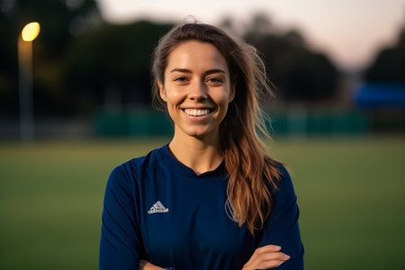 Portrait of a smiling female soccer player standing with arms crossed on the fieldの素材