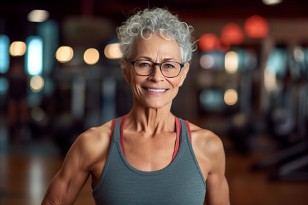 Portrait of smiling senior woman with eyeglasses in fitness studioの素材