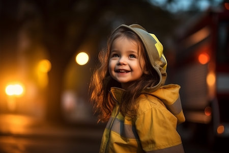 Portrait of a cute little girl in a yellow raincoat on the street at night.の素材