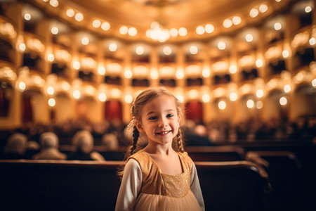 Cute little girl in a beautiful dress in the auditorium.の素材