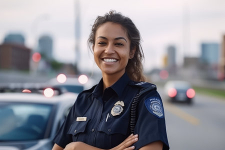 Front view of a beautiful police woman smiling while standing in the streetの素材