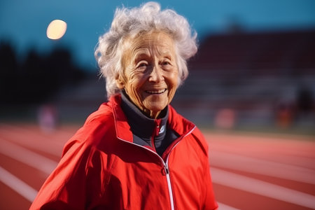 Portrait of happy senior woman standing on the track and looking at cameraの素材