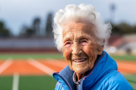 Portrait of smiling senior woman standing on stadium track and looking at cameraの素材