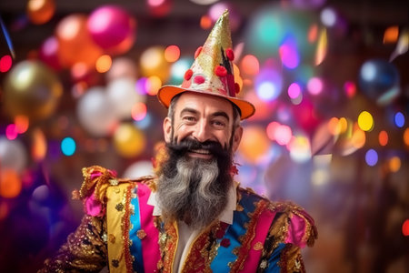Portrait of a handsome man with a long beard and mustache in a carnival costume on a background of colorful lightsの素材
