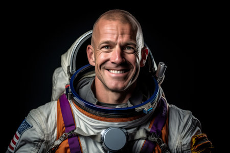 Portrait of a smiling astronaut in spacesuit on black background.の素材