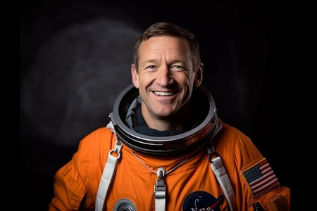 Portrait of a smiling astronaut in an orange suit on a dark backgroundの素材