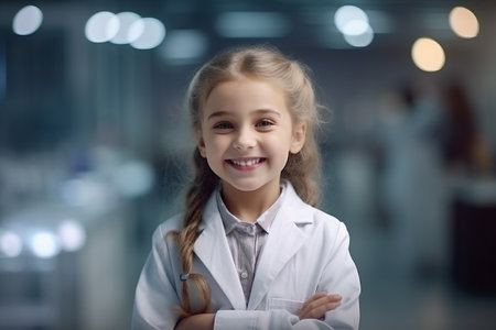 Portrait of a smiling little girl in a lab coat at the hospitalの素材