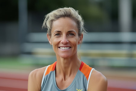 Portrait of happy female athlete standing on track and looking at cameraの素材