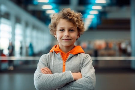Portrait of a cute little boy standing with arms crossed at the airportの素材