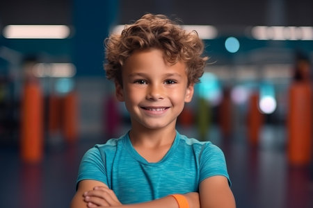 Portrait of cute little boy smiling at camera in the gym.の素材