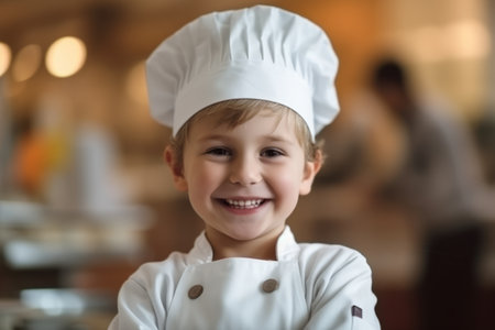 Portrait of cute little boy in chef's hat smiling at cameraの素材