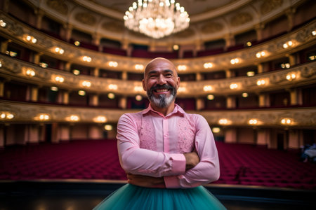 Portrait of a senior man in a pink shirt and blue skirt standing with his arms crossed in front of an empty theaterの素材