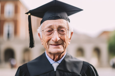 Portrait of smiling senior man in graduation cap and gown looking at cameraの素材