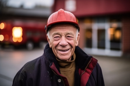 Portrait of an elderly man in a red helmet on the streetの素材