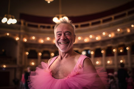 Portrait of a senior man in a pink tutu dancing on stageの素材