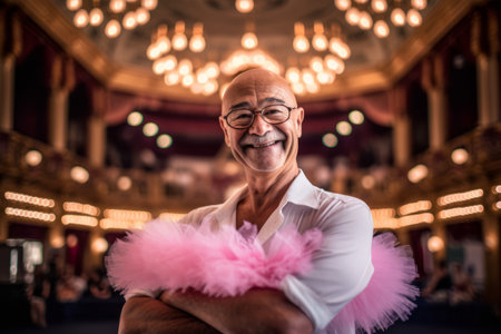 Portrait of smiling senior man with pink feather boa at circusの素材