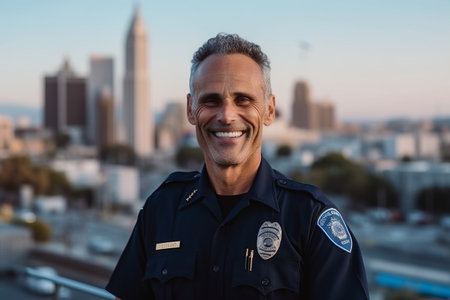 Portrait of smiling mature police officer standing on rooftop with cityscape in backgroundの素材