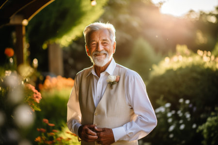 Portrait of a senior man standing in the garden at sunset.の素材