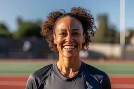Portrait of smiling african american female athlete standing on stadiumの素材