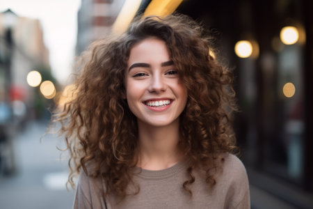 Portrait of a beautiful young woman with curly hair on the streetの素材
