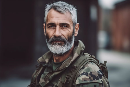 man in his 50s that is wearing a camouflage military uniform against a military base backgroundの素材