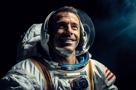 man in his 40s that is wearing an astronaut suit against an outer space backdrop backgroundの素材